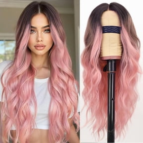 JOFMWIX Ombre Pink Wig for Women, Long Wavy Lace Hairline Middle Part Synthetic Heat Resistant Wig for Daily Party-26 Inch