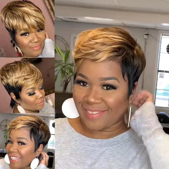 JOFMWIX Ombre Short Bob Pixie Cut Wig with Bangs for Black Women,Pixie Cut Side Part Wig Black Mixed Brown Highlight Color Wigs with Side Bangs Natural Straight Synthetic Cute Wigs Brown Bob Wig