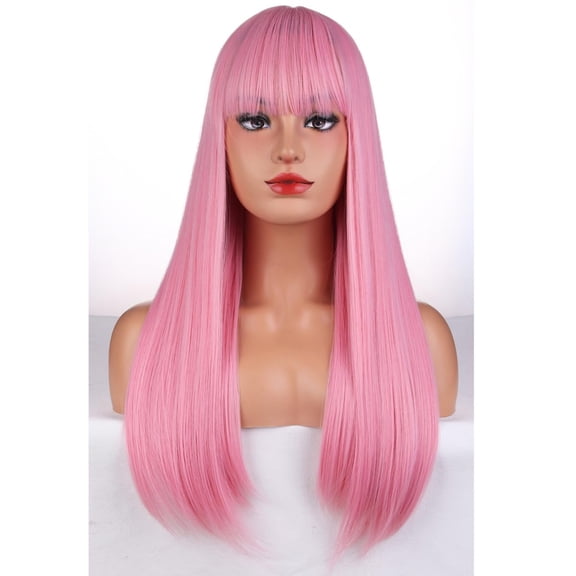 JOFMWIX Pink Wig for Women Long Straight Pink Wig with Bangs Synthetic Heat Resistant Fiber Halloween Cosplay Costume Daily Party Use