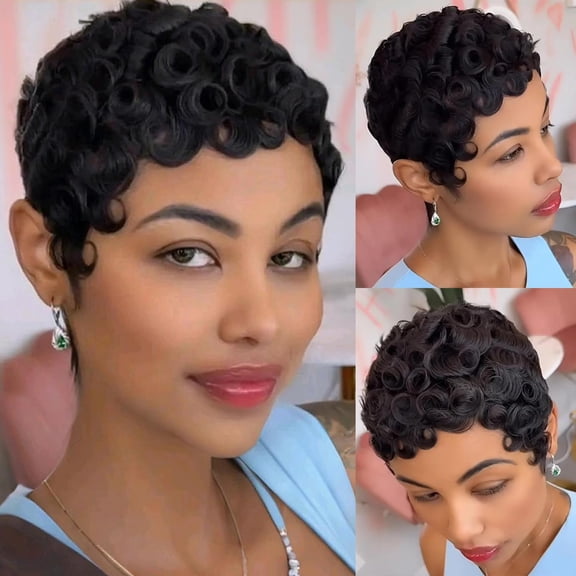 JOFMWIX Pixie Cut Wigs for Black Women Brazilian Curly Pixie Wig Human Hair Glueless Short Layered Wigs With Bangs Natural Black Color No lace front Human Hair Wig