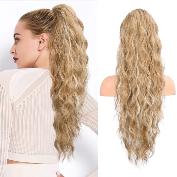 JOFMWIX Ponytail Extension, 26 Inch Drawstring Ponytail Hair Extensions for Women Long Curly Wavy Ponytail Natural Synthetic Hairpiece for Women (26 Inch Honey Blonde with Highlight)