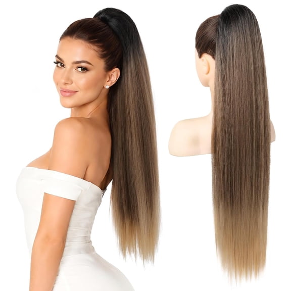 JOFMWIX Ponytail Extensions Drawstring Long Straight Fake Pony Tail Natural Soft Clip in Hair Extension Synthetic Heat Resistant Hairpiece 32 Inch Natural Black/Light Brown/Honey Blonde