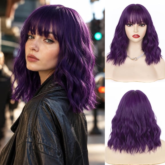 JOFMWIX Purple Wig With Bangs - 14 Inch Dark Bob for Women, Shoulder Length Short Curly, Middle Part, Cosplay Girls Costume