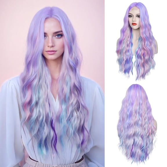 JOFMWIX Rainbow Wig 28 Inches Long Wavy Synthetic Hair Replacement for Women - Halloween Cosplay Daily Party Heat-Resistant Fiber Wig
