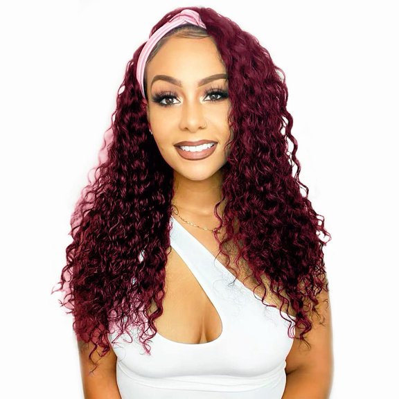 JOFMWIX Red Burgundy Headband Wigs Human Hair Deep Wave 16 Inch None Lace Front Wigs Curly Human Hair Headband Wig Glueless Machine Made Deep Wave #99J Headband Wig for Black Women 150% Density