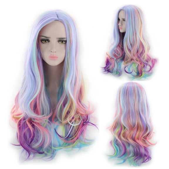 JOFMWIX Role Play Wig Color Red Gradient Long Curl Wig Daily Split Rainbow Ice Cream Long Curl Hair High Temperature Silk