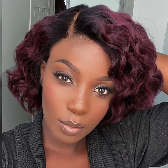 JOFMWIX Short Human Hair Curly Wigs Ombre Curly Bob Hair Wig Brown Short Curly Lace Front Wigs for Black Women 8 Inch Glueless Curly Pixie Cut Wig 150% Density Side Part (1B/99J Lace Frontal Wig 8")
