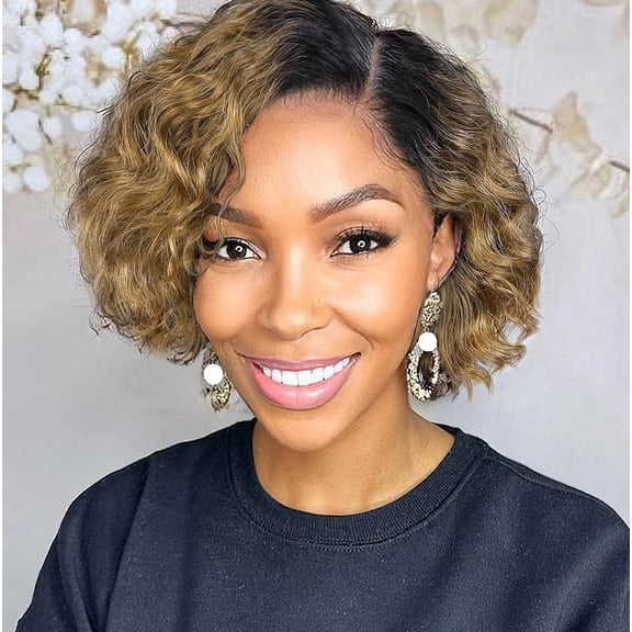 JOFMWIX Short Human Hair Curly Wigs Ombre Curly Bob Hair Wig Brown Short Curly Lace Front Wigs for Black Women 8 Inch Glueless Curly Pixie Cut Wig 150% Density Side Part (1B/30 Lace Frontal Wig 8")