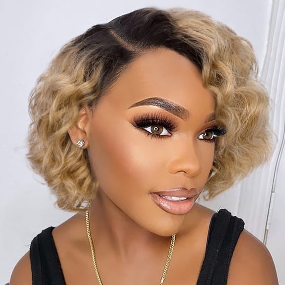 JOFMWIX Short Human Hair Curly Wigs Ombre Curly Bob Hair Wig Brown Short Curly Lace Front Wigs for Black Women 8 Inch Glueless Curly Pixie Cut Wig 150% Density Side Part (1B/27 Lace Frontal Wig 8")