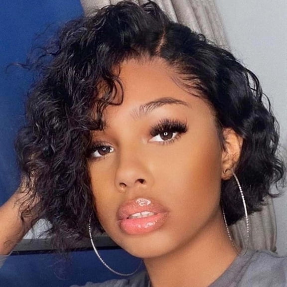 JOFMWIX Short Lace Front Wigs Human Hair for Women Short Curly Bob Wig Black Wavy Lace Wig Black Pixie Cut Wig Brazilian Virgin Human Hair Curly Wigs 180% Density Side Part
