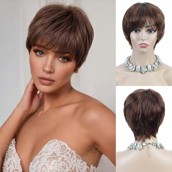 JOFMWIX Short Layered Brown Pixie Cut Human Hair Glueless Wig for Women | Glueless human hair short wig with bangs, comfortable & secure for daily confidence or Halloween fun.