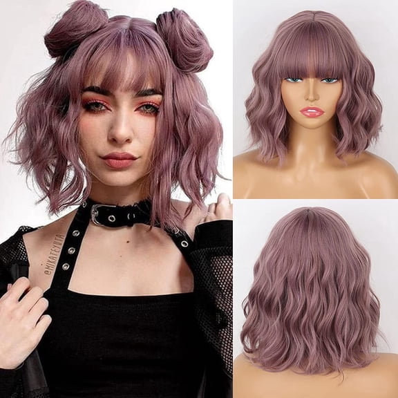 JOFMWIX Short Ombre Blonde Wavy Bob Wig with Bangs - Natural Soft Synthetic Hair, Breathable & Adjustable Cap, 12 Inches for Women Party Daily