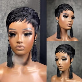 JOFMWIX Short Pixie Cut Wig for black women Natural Black Straight Human Hair Bob Wig Short Layered Pixie Wigs Full Machine Made No lace front Glueless Wig 1B