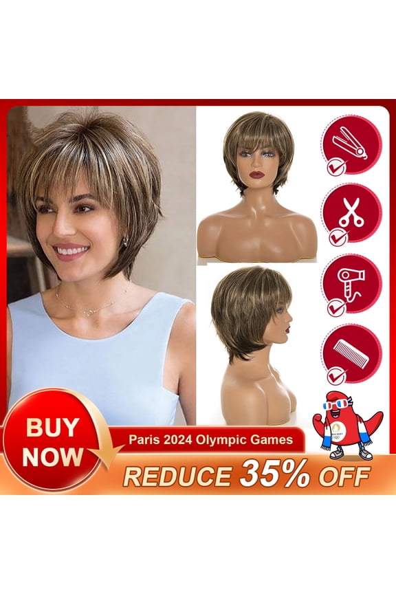 Short Pixie Cut Wig for Women - Dark Brown Mixed Blonde Heat Resistant Synthetic Fiber with Bangs, Natural Look for Daily Wear & Party