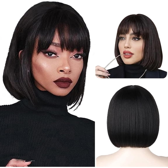 JOFMWIX Short Straight Bob Human Hair Wigs with Bangs for Black Women - 9A Brazilian Remy, No Shedding No Tangle, Machine Made, Non-Lace Front, Comfortable Medium Cap with Adjustable Straps
