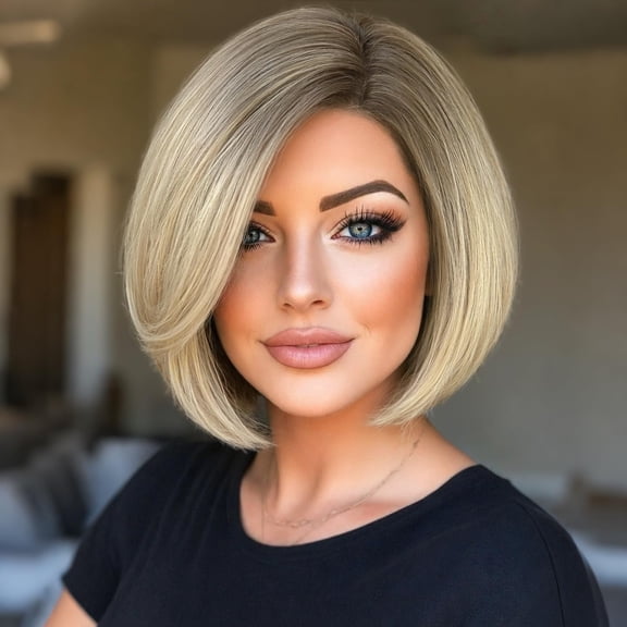 JOFMWIX Short Straight Bob Wig Side Part Pixie Blonde Wigs for Women | JOFMWIX Straigh Small Lace Hairline Synthetic Bob Wig for Daily Party