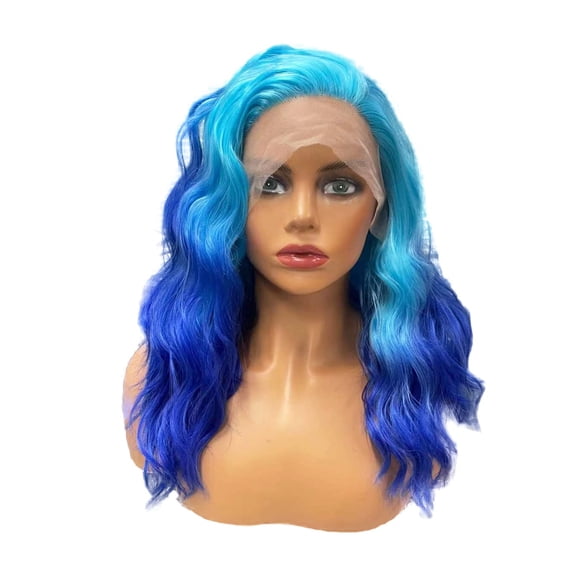 JOFMWIX Short Synthetic Wavy Lace Front Wig, 13x3 Lace Frontal Wigs for Women, Cosplay Party Wig, Shoulder Length 14 Inch, Ombre blue