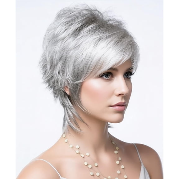 JOFMWIX Short Synthetic Wigs, Layered Pixie Cut Natural Wavy Wigs for Caucasian Older Women