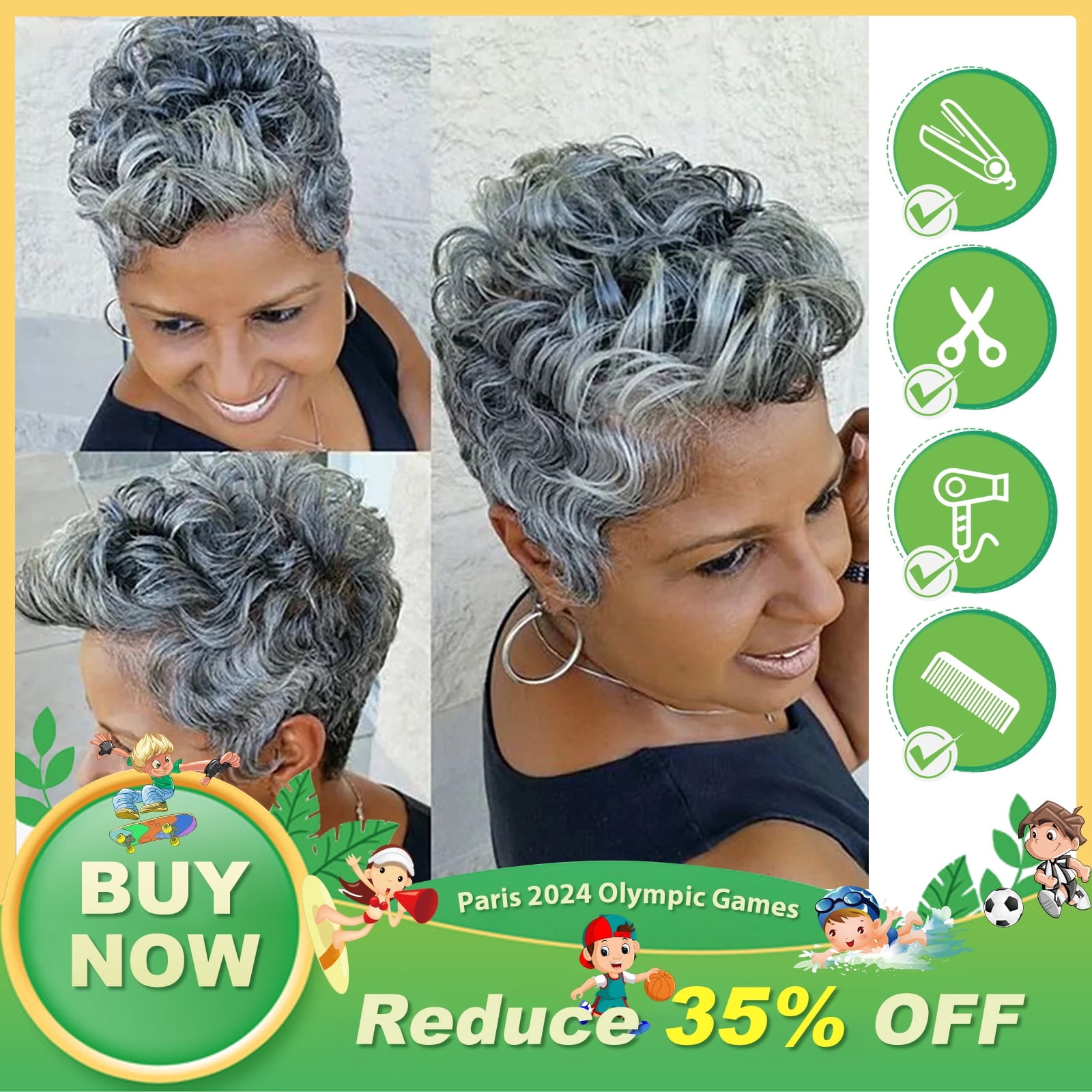 JOFMWIX Short Wavy Curly Synthetic Wig for Women - Natural Parting Grey