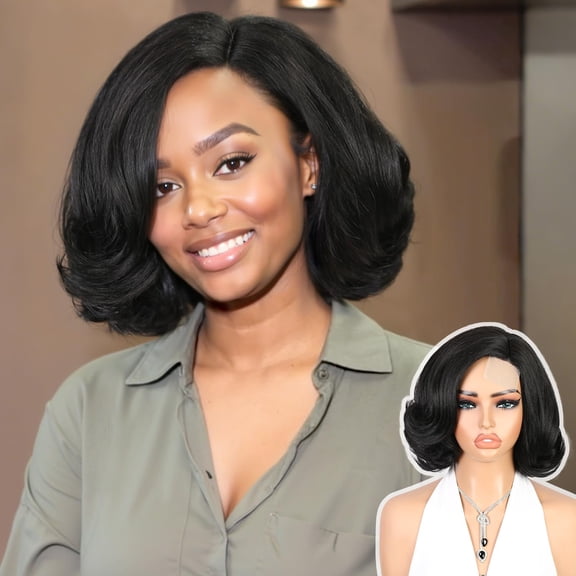 JOFMWIX Short Yaki Wave Bob Wig Kinky Straight Curly Wavy Wigs for Women Layered Cut Side Part Body Wave Synthetic Hair for Daily Party Use (Natural Black, 10inch)
