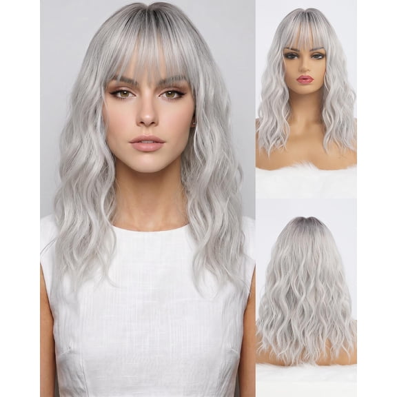 JOFMWIX Silver Wigs for Women Long Ombre Grey Wavy Wig with Bangs Dark Roots Synthetic Hair Wig Medium Middle Length Wig Water Wave Gray Colorful Wigs for Daily Party Cosplay Costume Use (16 inch)