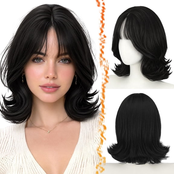 JOFMWIX Soft Synthetic Short Layered Bob Wig with Flowing Bangs | Soft, fluffy curls, naturally upturned ends, realistic lace scalp, lightweight and breathable, comfortable to wear, versatile styling