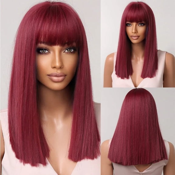 JOFMWIX Straight Black Bob Synthetic Wig with Bangs Medium Long Cosplay Layered Pro