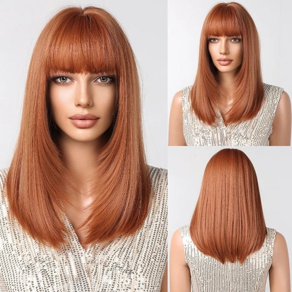 JOFMWIX Straight Black Bob Synthetic Wig with Bangs Medium Long Cosplay Layered Soft