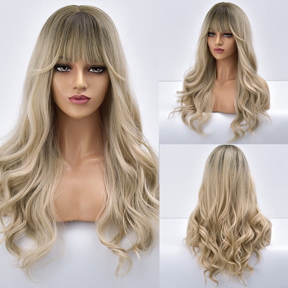 JOFMWIX Teal Long Hair Wig with Air Bangs, Natural Wave Curly White Synthetic Wig for Women, Breathable & Adjustable Perfect for Daily Wear, Halloween, Parties