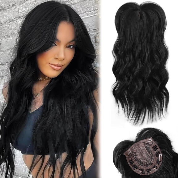 JOFMWIX Wavy Black Hair Toppers for Women with Thinning Hair, Clip In Wiglets with Fringe Bang, 20IN