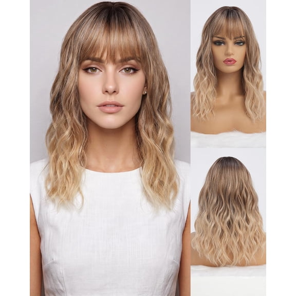 JOFMWIX Wavy Long Ombre Blonde Wigs with Bangs for Women Medium Middle Length Blond Wig Synthetic with Water Wave Fringe Womens Heat Resistant Hair Wig for Daily Party Use (16inch)