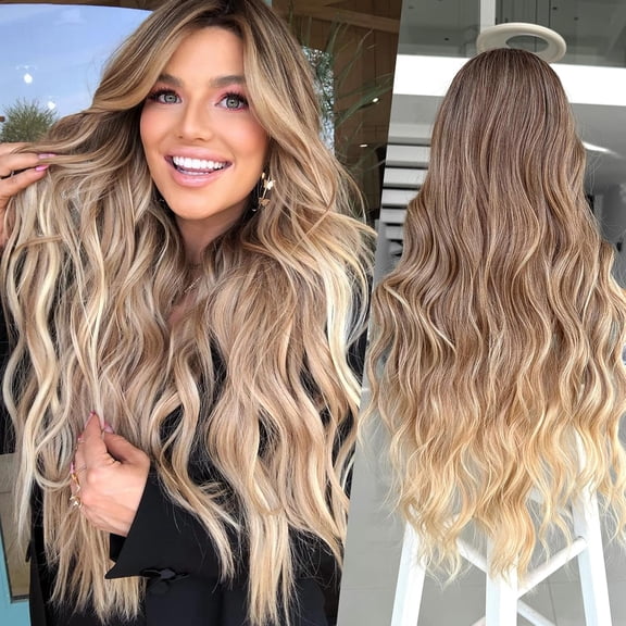 JOFMWIX Wavy Wig Long Ombre Blonde wig with Bangs 26 Inch Layered Wig for Women Dirty Blonde Hairline Middle Part Curly Wavy Synthetic Wig for Daily Party Use,Ombre Blonde