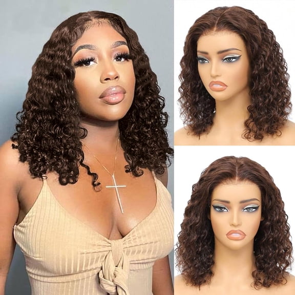 JOFMWIX Wear and Go Glueless Wigs Human Hair Pre Plucked Pre Cut Chocolate Brown Deep Wave Wigs for Black Women Human Hair Bob Wig With Elastic Band Upgraded 4x4 Lace Closure Wig (16 Inch)