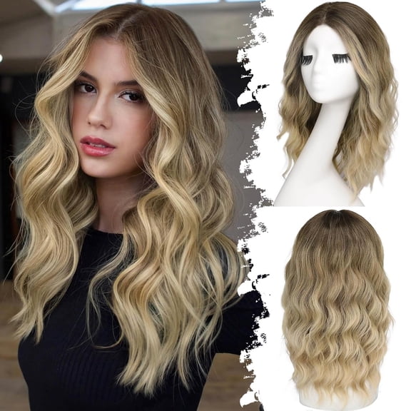 JOFMWIX Wig for Women, Blonde Glueless Lace Front Synthetic Wavy Wig 18 Inch | Pre-Cut T Lace,Natural Hairline,Synthetic Fiber,Middle Part,Brown to Blonde,18 Inch Wavy,Breathable Cap