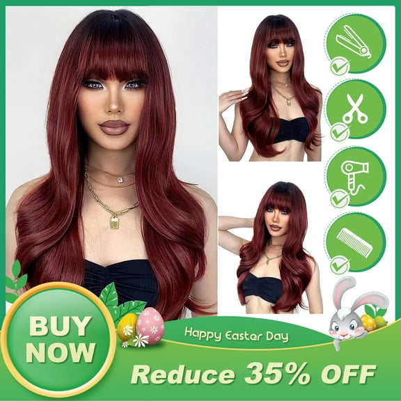 JOFMWIX Wine Red Wigs with Bangs for Women, Long Wavy Synthetic Wig with Dark Roots Ombre, 26 Inch Heat Resistant Fiber, Natural Looking Big Curls, Adjustable Cap for Daily & Party Use