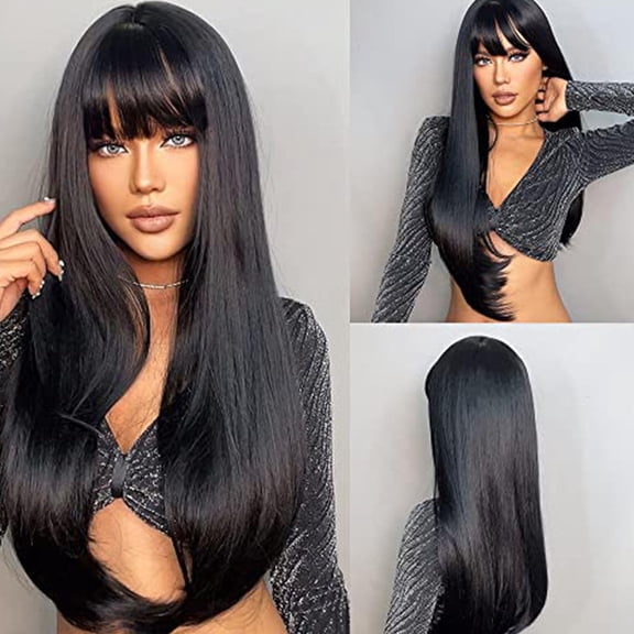 JOFMWIX Women Long Straight Black Wig with Bangs - 27 Inch Synthetic Heat-Resistant Hair, Breathable Net Cap with Adjustable Straps, Full Fringe Style for Party Cosplay Daily Wear