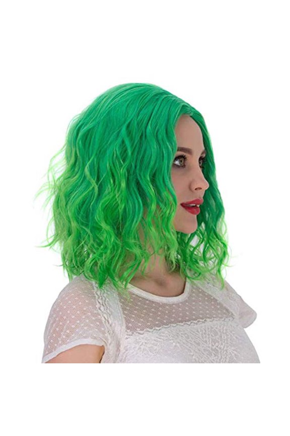 Women's Green Short Curly Wig - 14 Inch High Temp Silk Synthetic Wig, Adjustable Cap, Easy to Care, Perfect for Daily Fashion