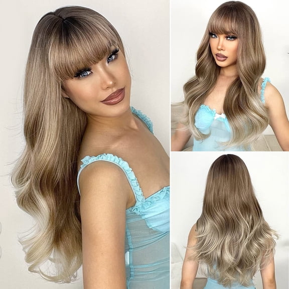 JOFMWIX Women's Long Wavy Wig with Bangs - Wine Red Burgundy Ombre Dark Roots, Natural Big Curls, Trimmable Bangs, High Temperature Fiber Synthetic Wig for Party Cosplay