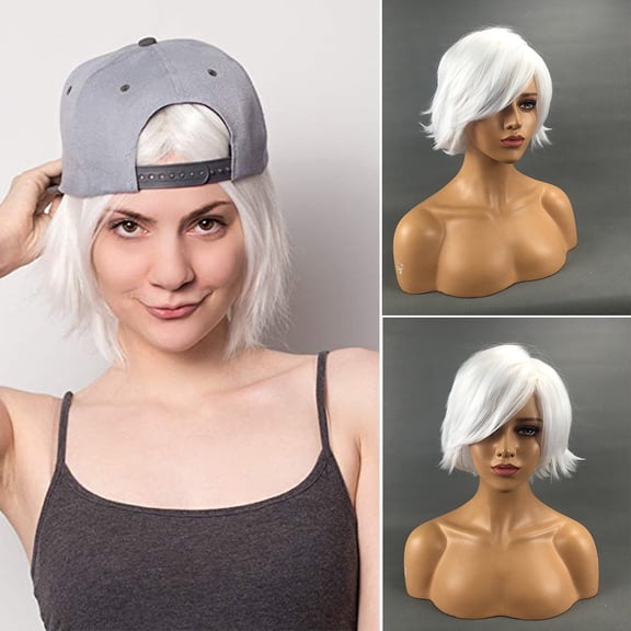 JOFMWIX Women's White Short Wavy Synthetic Wig - 12 Inch High Temperature Silk Hair with Adjustable Cap, Fashion Wave Wig for Daily Wear
