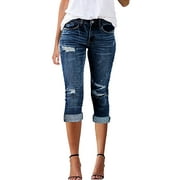 JOFOW Capri Jeans for Women Stretch High Waisted Distressed Denim Capris Ripped Skinny Cropped Jeans Pants