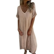 JOFOW Women's Cotton Linen Maxi Dresses Casual Loose Short Sleeve V Neck Long Dress Breathable Flowy Summer Beach Dress
