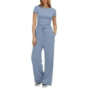 JOFOW Womens 2 Piece Outfits Lounge Sets Summer Casual Short Sleeve T-Shirts with Wide Leg Long Pants Lounge Wear Jogger Travel Comfy Sweatsuit