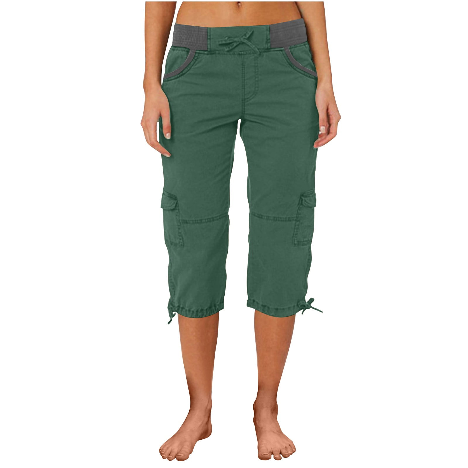 JOFOW Womens Cargo Capris Summer Casual Drawstring Low Waisted Hiking Jogger Pants Lightweight Outdoor Cotton Capri Pants with Multi Pockets Walmart