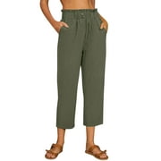 JOFOW Womens Casual Cotton Linen Capri Pants Plus Size Loose Drawstring Elastic Waist Wide Leg Cropped Trousers Lightweight Comft Lounge Capris with Pockets