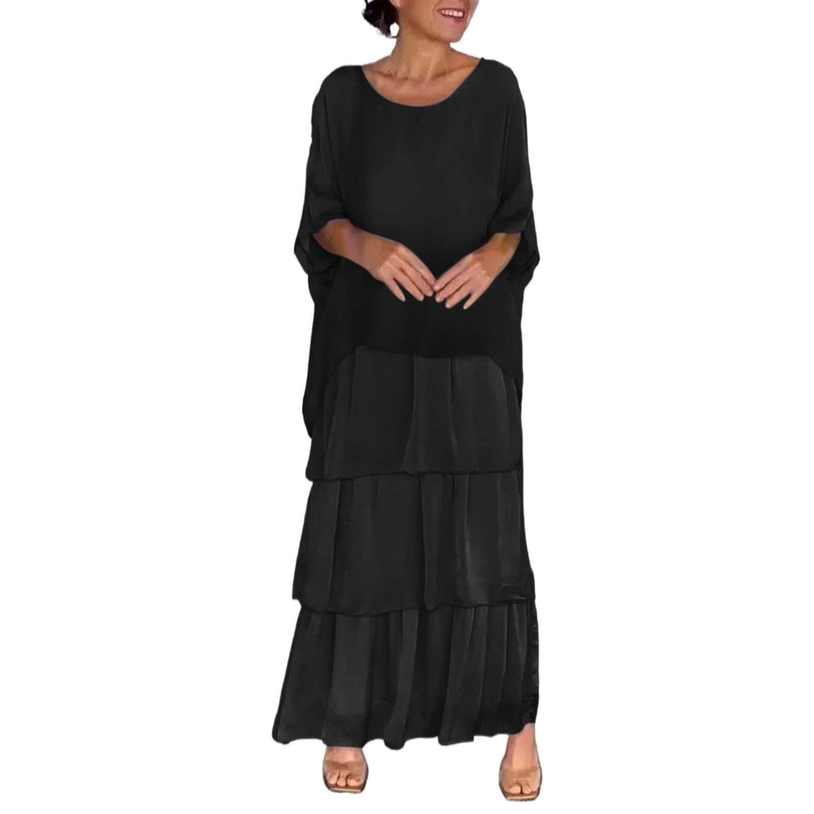 JOFOW Womens Tiered Chiffon Elegant Maxi Dress 3/4 Sleeve Crewneck ...