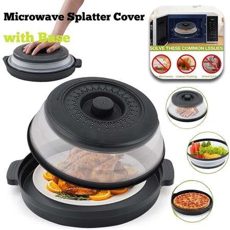 JOGGEIL 10.7 Inch Black Microwave Splatter Cover with Anti-scald Base, Plastic & Silicone Vented Collapsible Guard,2 in 1 Strainer Basket & Tray,Dishwasher Safe Kitchen Essential Gadget for Meal Prep