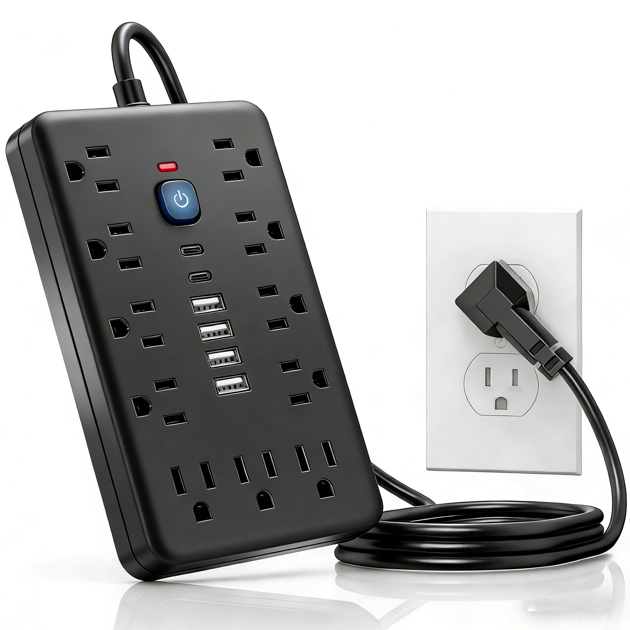 JOGGEIL 10 FT Flat Plug Surge Protector Power Strip,11 Multiple AC Outlets with 6 USB Ports , 10 Feet Extension Cord, 1250W/10A, One Touch Switch Button,17 in 1 Compact powerstrip