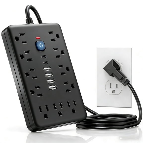 JOGGEIL 10 FT Flat Plug Surge Protector Power Strip,11 Multiple AC Outlets with 6 USB Ports , 10 Feet Extension Cord, 1250W/10A, One Touch Switch Button,17 in 1 Compact powerstrip