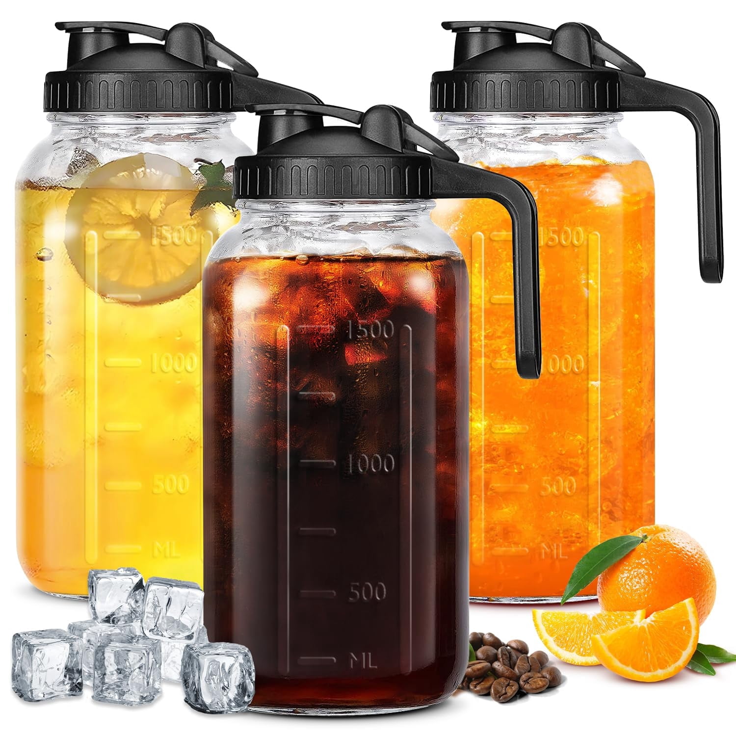 JOGGEIL 3 Pack 64OZ Mason Jars with Lid, 2 Quart Glass Water Pitcher with Lid, Airtight Seal for Great for Iced Tea,Juice,Milk,Coffee,Sun Lemonade, Black