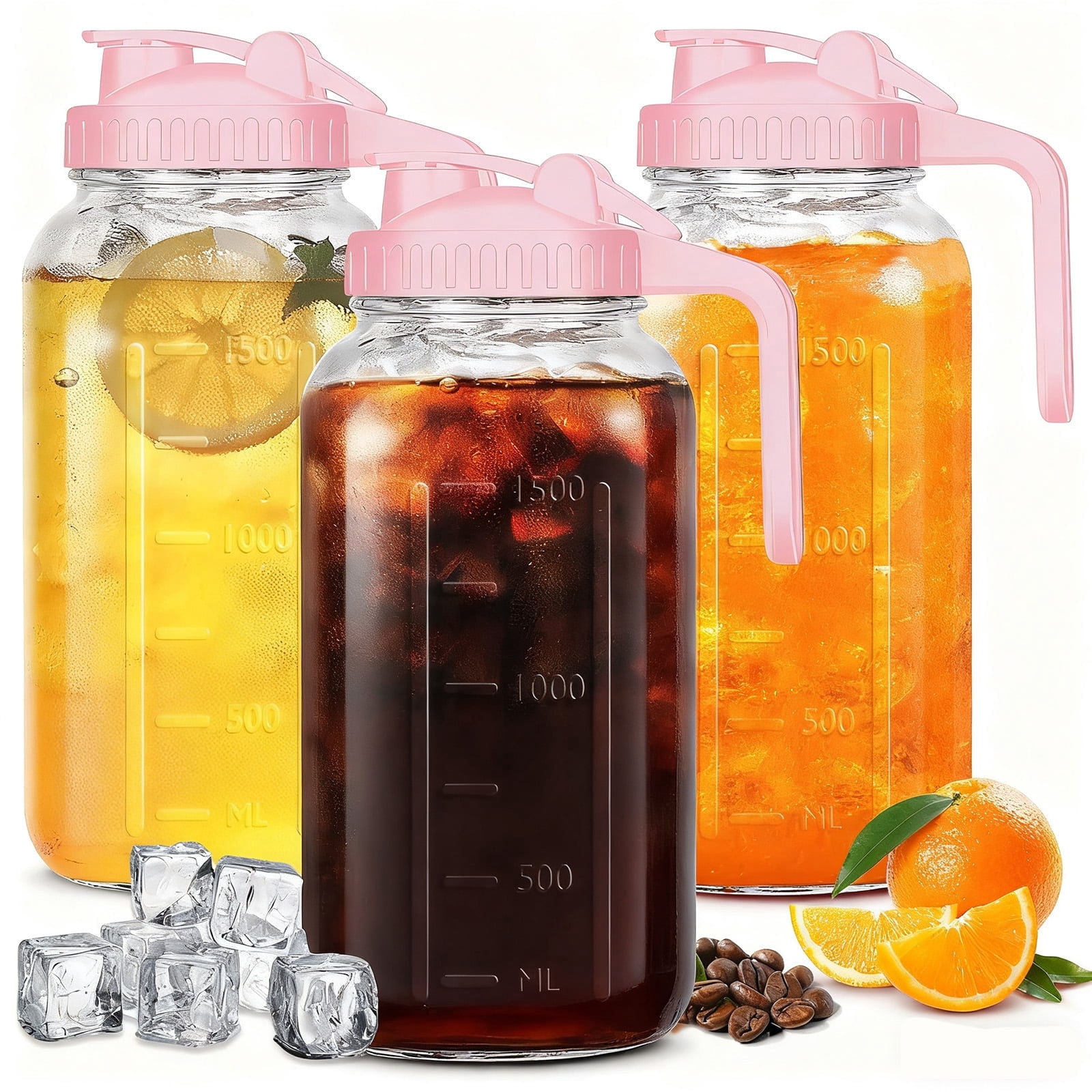 JOGGEIL 3 Pack 64OZ Mason Jars with Lid, 2 Quart Glass Water Pitcher with Lid, Airtight Seal for Great for Iced Tea,Juice,Milk,Coffee,Sun Lemonade, Pink